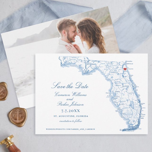 Elégant St Augustine Florida Mariage Navy Carte (Elegant St. Augustine Florida map wedding napkins in navy blue by Coastal Map Designs)