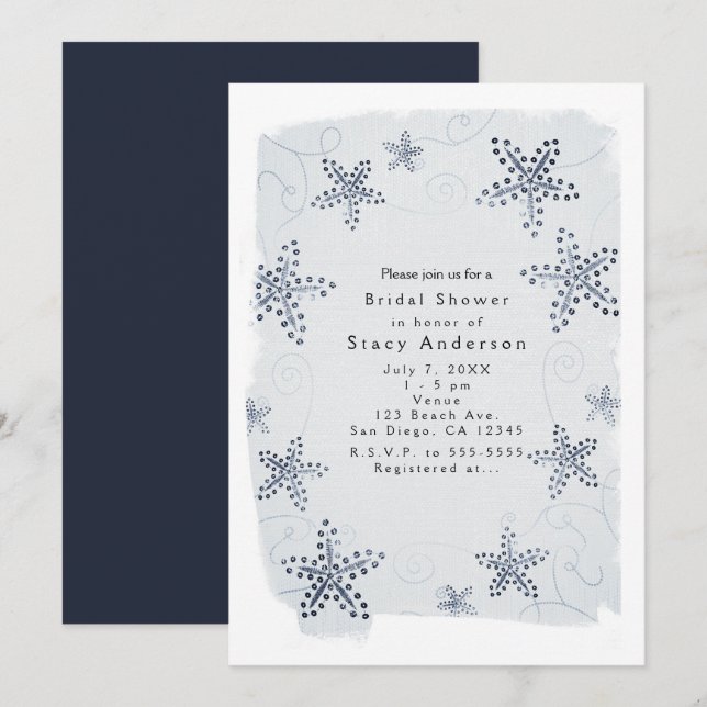 Elégant Starfish & Sequins Blue Beach Invitations (Devant / Derrière)