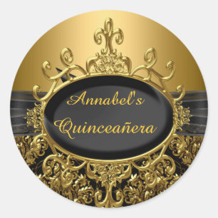 Élégant Sticker Quinceanera Black & Gold Damask