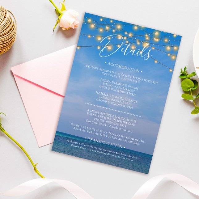 Elégant String Lights Beach Wedding Détails Card (Créateur téléchargé)
