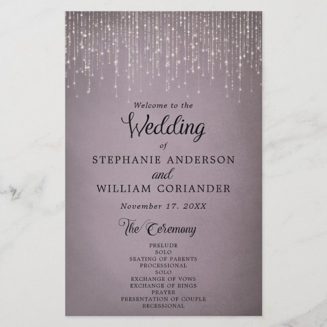 Élégant String Lights Mauve Wedding Programme (Devant)