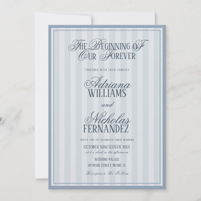 Elegant Striped Blue Wedding Invitation (Devant)
