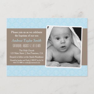 Elégant Stylish Damask Photo Baptism Invitations