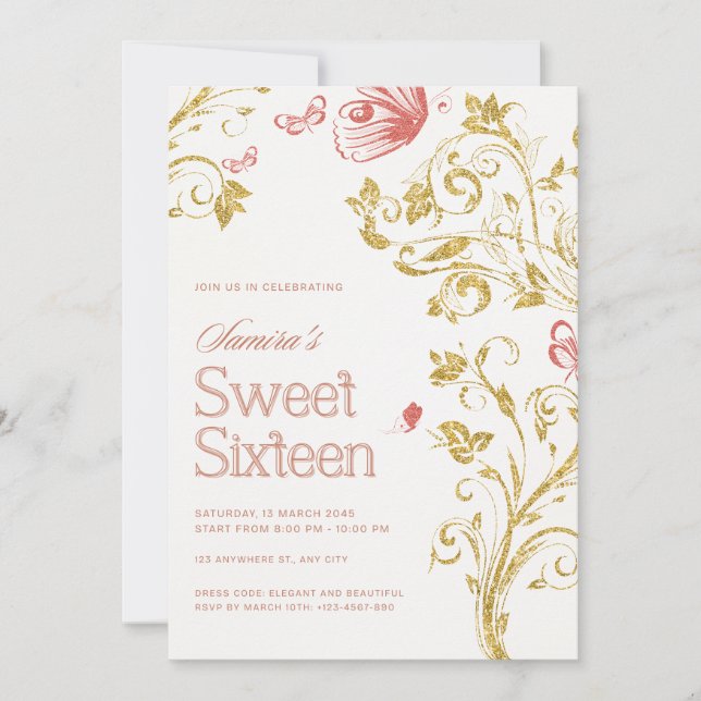 Elegant Sweet 16 Birthday Party Invitation - Peach (Devant)