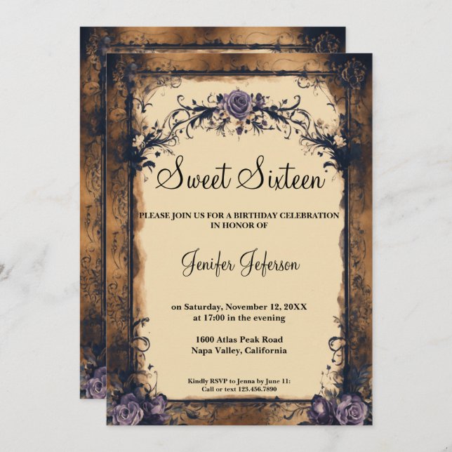 Elégant Sweet sixteen floral vintage Invitation (Devant / Derrière)