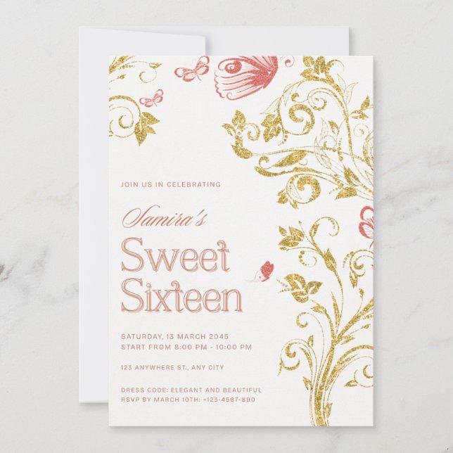 Elegant Sweet Sixteen Invitation | Gold Floral & P (Devant)