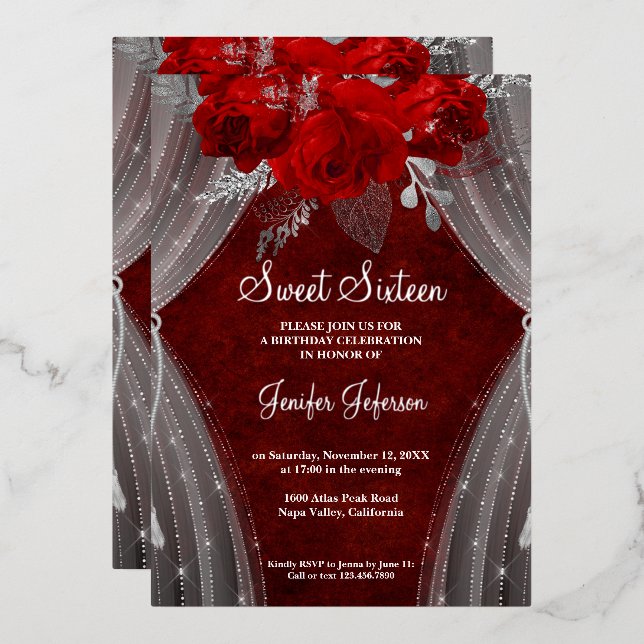 Elégant Sweet sixteen rouge Invitation (Recto/Verso)