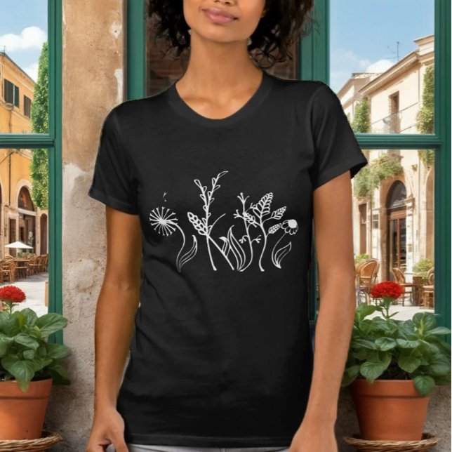 Élégant T-Shirt Noir avec Fleurs Doodle Délicates (Créateur téléchargé)