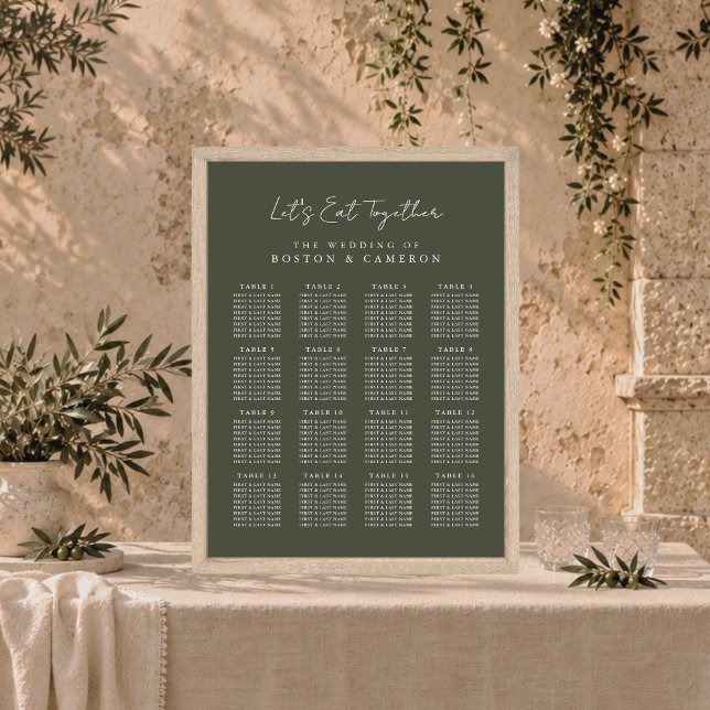 Élégant tableau de placement de mariage vert olive (Elegant Dark Olive Green Wedding Seating Chart poster sign in rustic wood frame on table script )