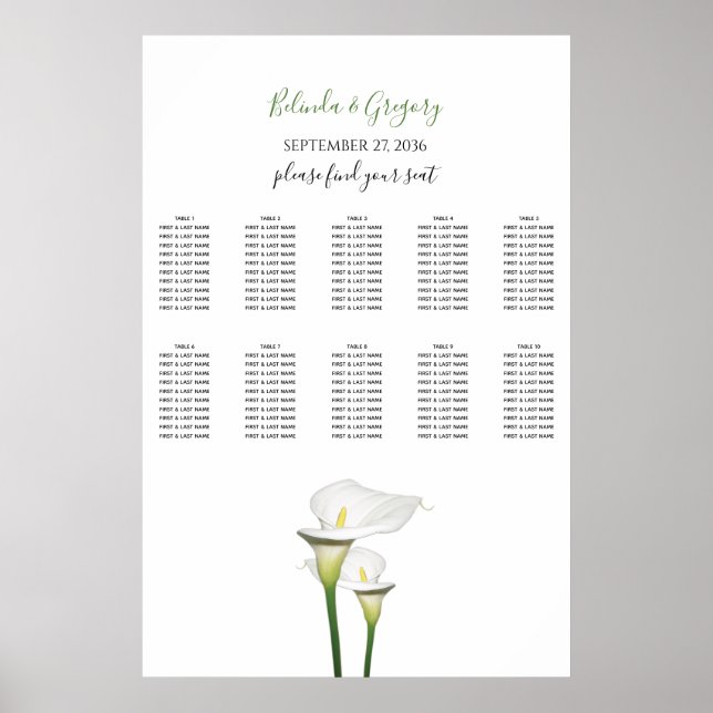 Élégant tableau de sièges Mariage blanc calla Lili (Devant)