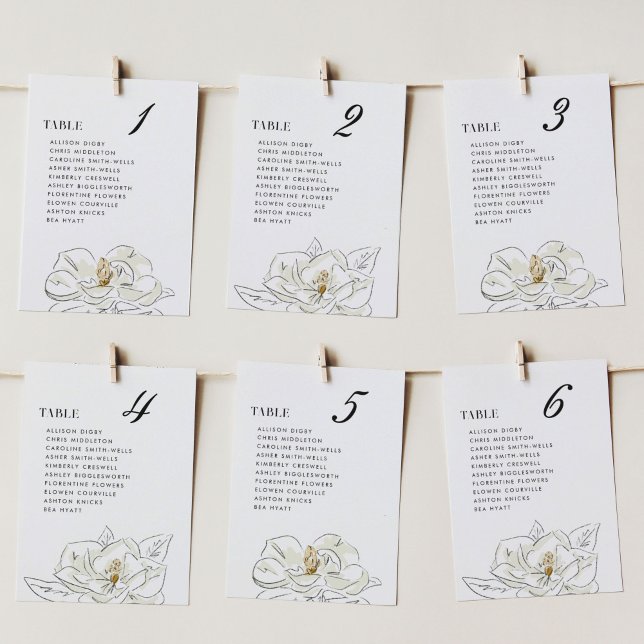 Élégant tableau de sièges Mariage de Magnolia blan (Elegant Southern-inspired white magnolia illustration wedding table number cards.)