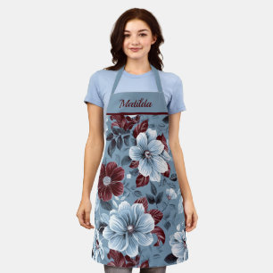 Elégant tablier bleu Dusty et floral bordeaux
