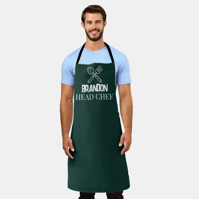 Élégant tablier de chef vert pour homme, nom moder (Porté)