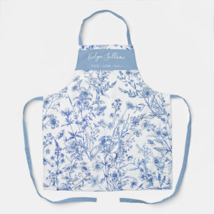 Elégant tablier fleur sauvage bleu français