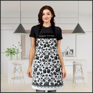 Elégant tablier floral rose noire et blanche