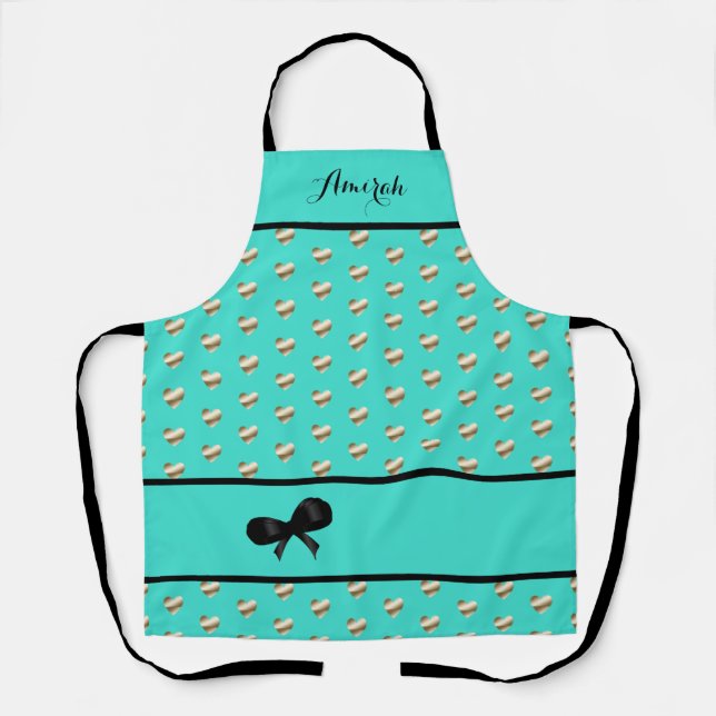 Elégant tablier Turquoise avec Coeurs Or (Recto)