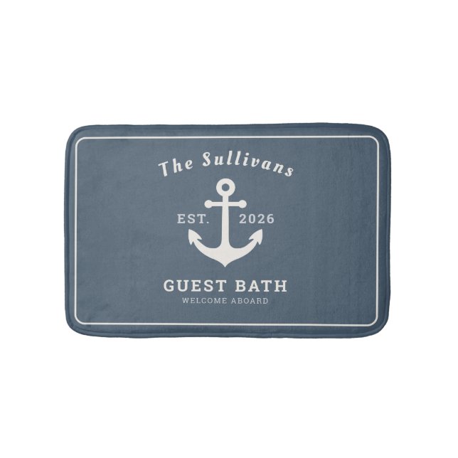 Élégant Tapis de Bain Bleu Ardoise Ancré Monogramm (Devant)