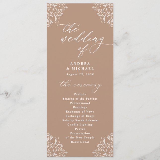 Élégant Taupe Beige Vintage Wedding Programme (Devant)