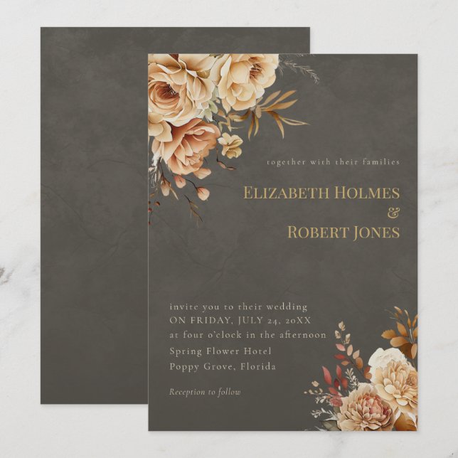 Elegant Taupe Floral Wedding Invitation (Devant / Derrière)