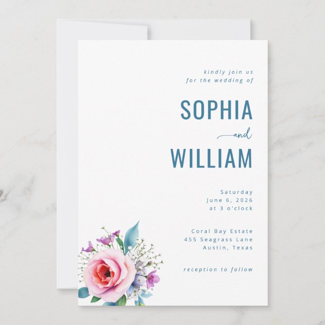 Elegant Teal Floral Wedding Invitation (Devant)