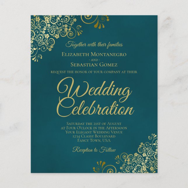 Elegant Teal & Gold BUDGET Wedding Invitation (Devant)