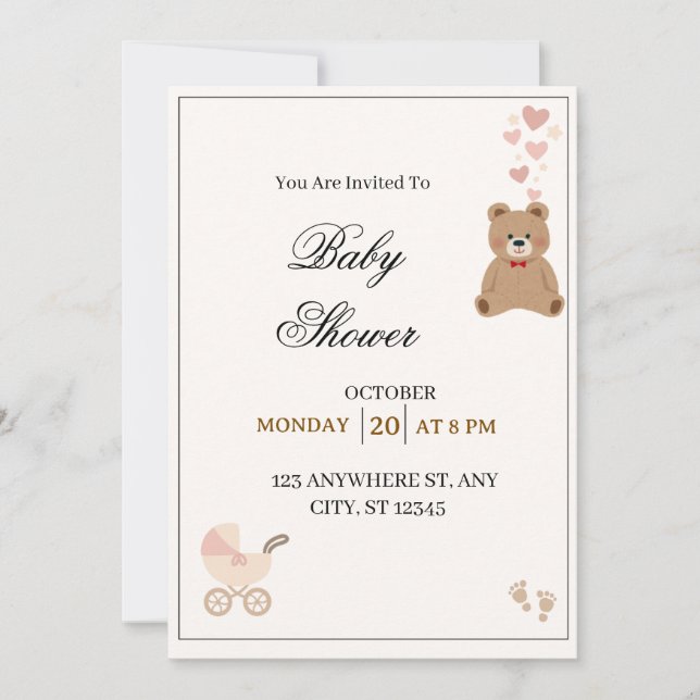 Elegant Teddy Bear Baby Shower Invitation  (Devant)