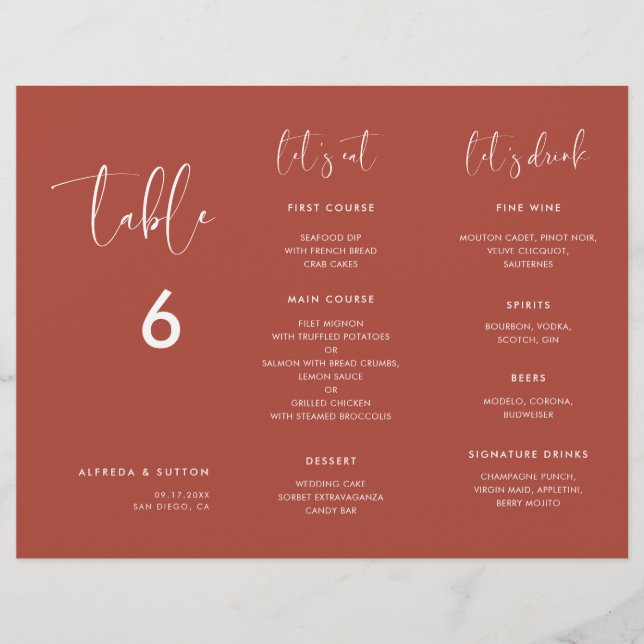 Élégant Terracotta Menu & Table numéro triplé (Devant)