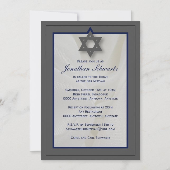 Elégant tissu Bar Mitzvah Invitation en gris (Devant)