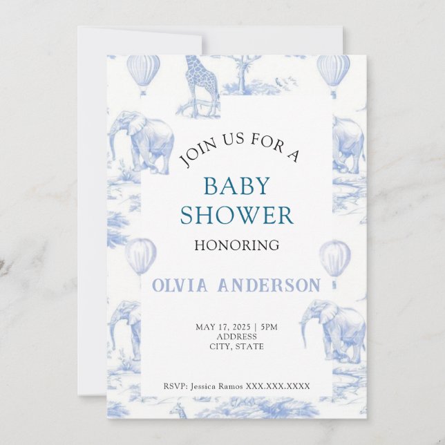 Elégant Toile de Jouy Baby shower bleu Invitation (Devant)
