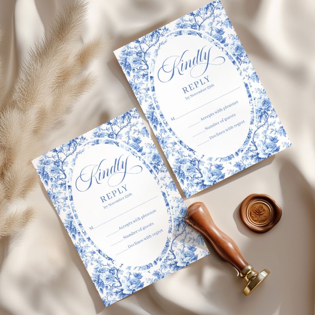 Élégant Toile de Jouy Bleu Profond Roses Réponse d (Elegant Deep Blue Toile Roses Custom Wedding RSVP

)
