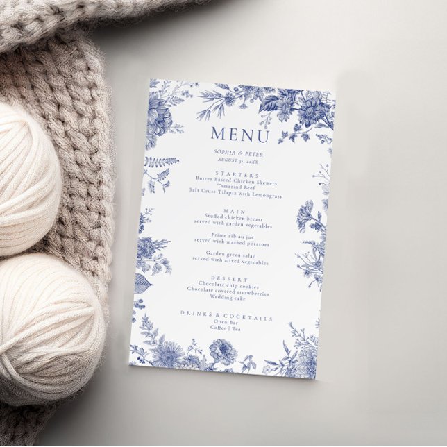 Elégant Toile Français Blue Floral Carte Menu (Créateur téléchargé)