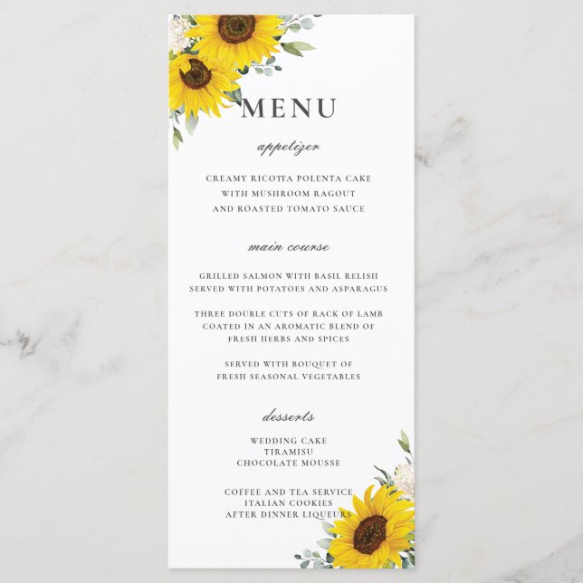 Elégant Tournesol Floral Verdure Menu Mariage (Devant)