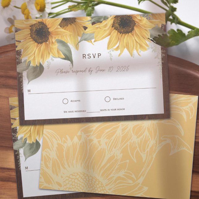 Élégant tournesol rustique, Mariage de automne de  (rustic wedding RSVP cards, adorned with vibrant yellow watercolor sunflowers. )