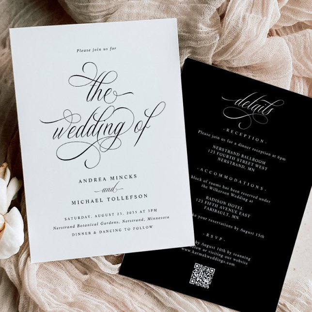 Élégant tout en un Faire-part de mariage avec déta (Elegant Luxury Wedding Invitations - Black & White Luxury Calligraphy Script - Details on Back)