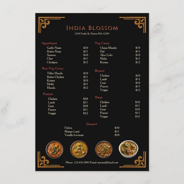 Elegant Traditional Indian Restaurant Flat Menu (Devant)