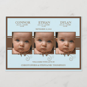 Elégant Triplet Photo Baby Boy Faire-part de naiss