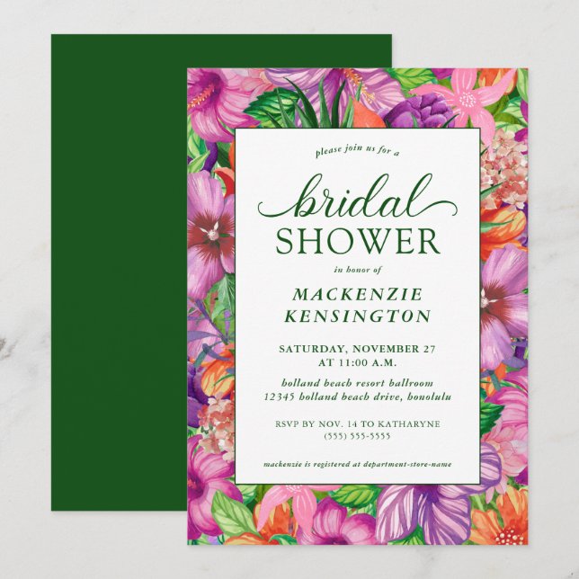 Elégant Tropical Floral Bridal Shower Invitation (Devant / Derrière)