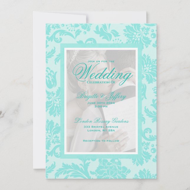 Elégant turquoise damassé invitation de mariage pe (Devant)