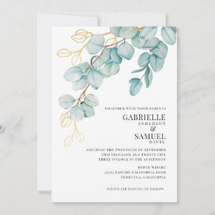 Elégant Turquoise et Gold Eucalyptus Mariage Invit