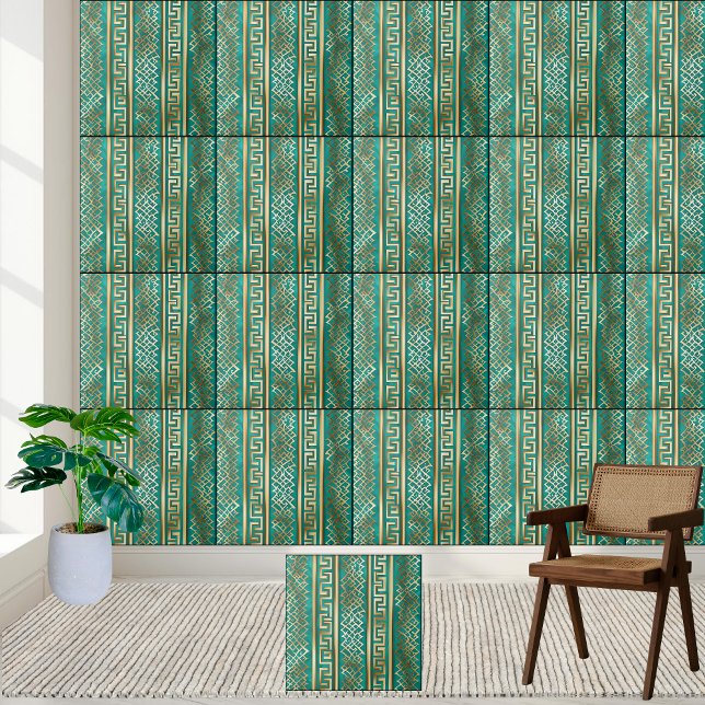 Elégant Turquoise et Gold Key Motif Carreau (Elegant Teal and Gold Greek Key Pattern Tile)