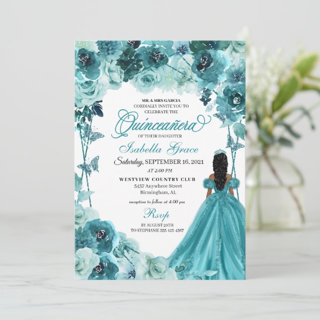 Elégant Turquoise Floral Quinceanera Invitation (Debout devant)