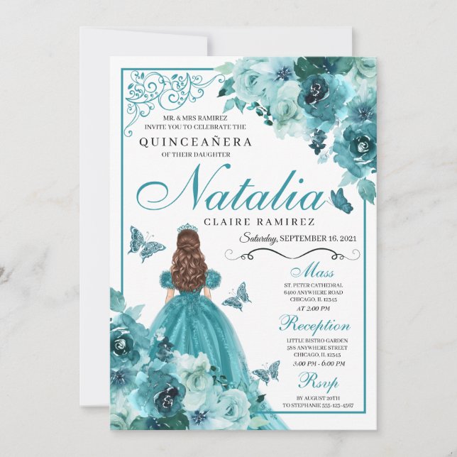 Elégant Turquoise Floral Quinceanera Invitation An (Devant)