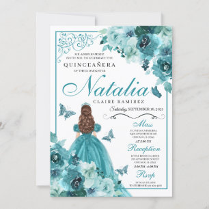 Elégant Turquoise Floral Quinceanera Invitation An
