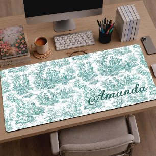 Élégant Turquoise Vintage Toile de Jouy Française