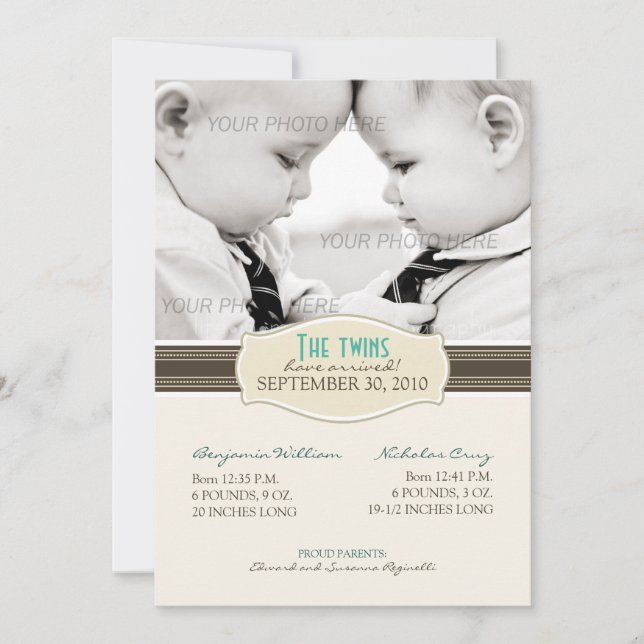 Elégant Twins Faire-part de naissance : Sepia Brow (Devant)