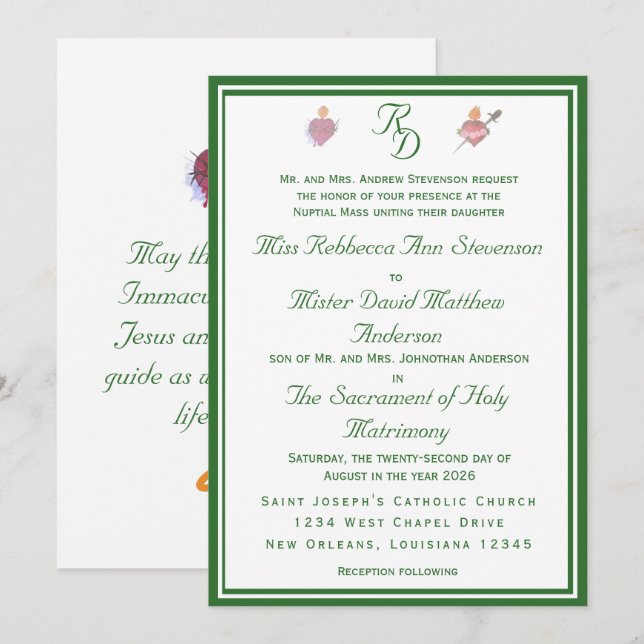 Elegant Two Hearts Catholic Wedding Invitation (Devant / Derrière)