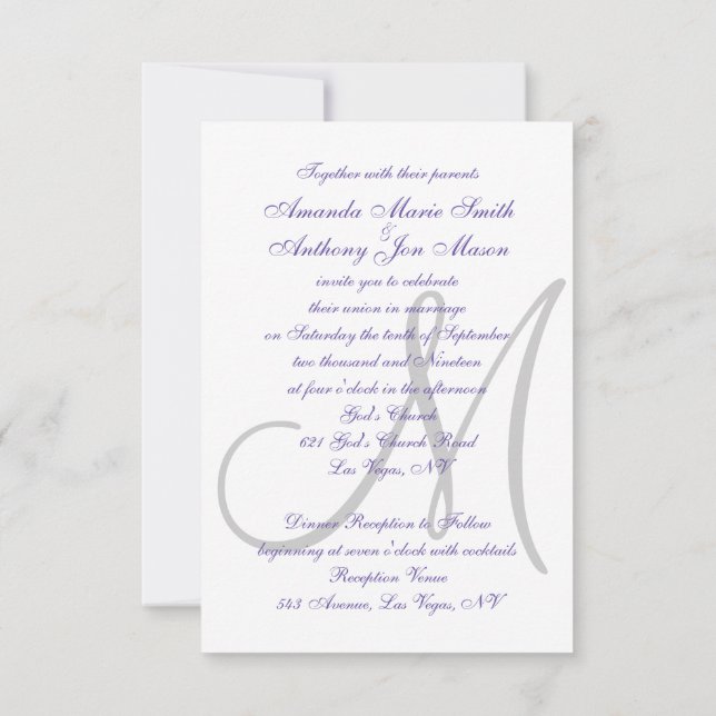 Élégant Ultra Violet Faire-part de mariage Initial (Dos)