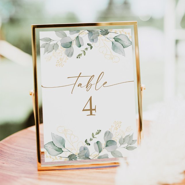 Elégant Verdure & Or Mariage Numéro de table Carte (Elegant watercolor greenery and gold wedding table number cards)
