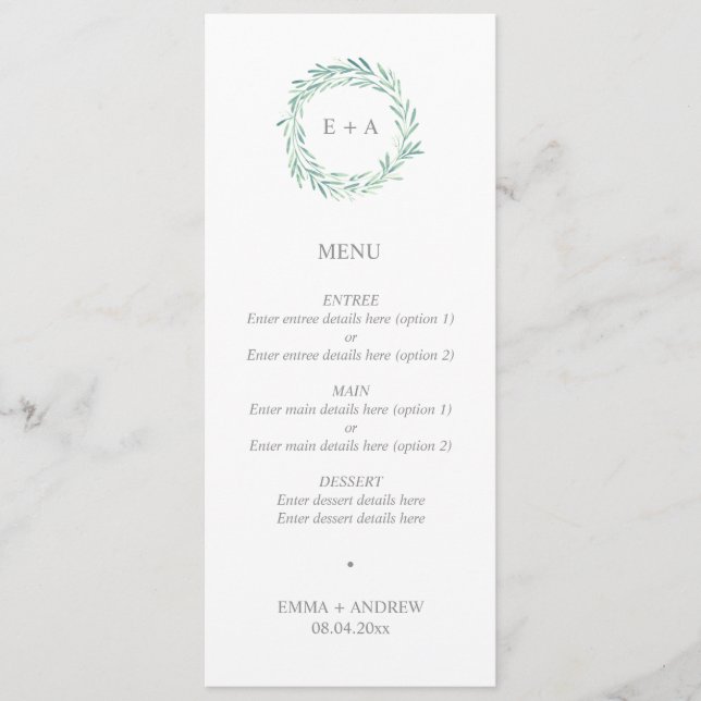 Elégant verdure Wreath Monogram Menu Mariage (Devant)