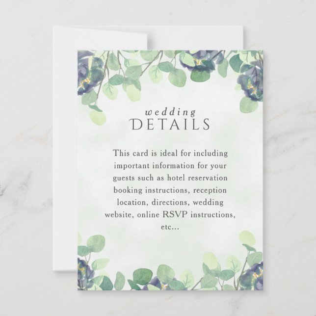 Elégant Vert Bleu Floral Mariage Détails Carte (Devant)